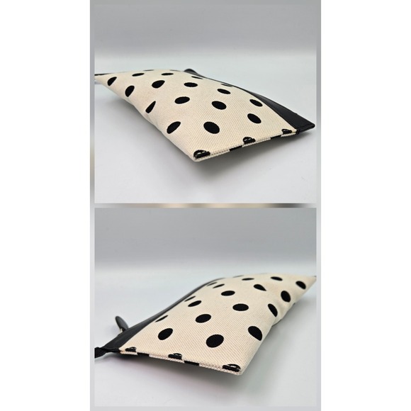 Balenciaga Navy Pouch Canvas Polka Dot Leather Trim Wristlet Clutch Black White - Picture 6 of 8